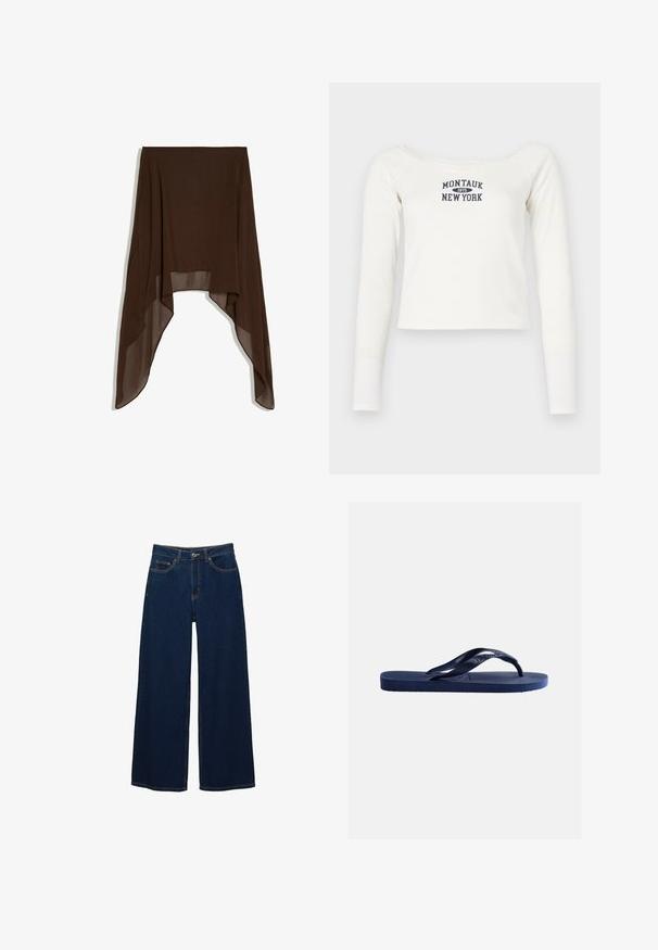Brauner asymmetrischer Rock mit hohem und tiefem Saum aus fließendem, leichtem Stoff, flach auf weißem Hintergrund präsentiert.; Weißes Longsleeve-Crop-Top aus weichem Stoff, mit weitem Ausschnitt und einem maritimen Print "Montauk 1975 New York" auf der Vorderseite.; Dunkelblaue Jeans mit weitem Bein aus Denim; mit Taschen vorne und Knopfverschluss; auffällige Nähte entlang der Nähte; keine Muster oder Verzierungen.; Marineblaue Gummi-Zehensandale mit strukturiertem Sohlenprofil und Y-förmigem Riemen vor einfarbigem hellem Hintergrund.