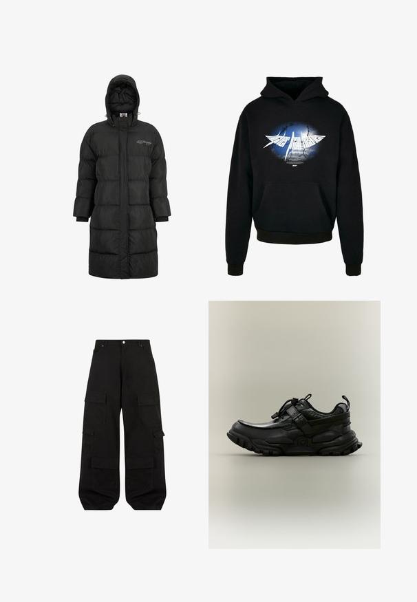 Schwarze Daunenjacke mit Kapuze, mit gestepptem Design, langen Ärmeln und gerippten Bündchen. Hinweis: besticktes Logo auf der Brust.; Schwarzer Hoodie mit einem zentralen weißen Grafikdesign, das einen blauen und grauen Burst-Effekt zeigt, sowie dem Text "Higher than Heaven" in stilisierter Schrift. Mit Fronttasche.; Schwarze Cargo-Hosen aus strapazierfähiger Baumwolle mit lockerer Passform. Verfügt über mehrere Utility-Taschen und ein gerades Bein Design.; Schwarzer klobiger Sportschuh mit verstellbarem Riemen, Schnürzug und robustem Profil, seitlich auf neutralem Hintergrund dargestellt.