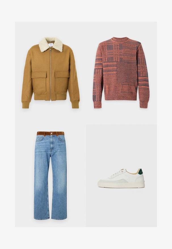 Veste aviateur marron avec col en polaire, deux poches avant, poignets et ourlet côtelés ; dotée d'une fermeture éclair et d'un tissu texturé.; Pull en maille à manches longues avec motifs patchwork orange et gris foncé, col, poignets et ourlet côtelés.; Jeans en denim bleu clair avec une coupe droite, dotés d'une taille en suède marron, de poches avant et d'une fermeture éclair.; Baskets blanches avec des accents en daim, bout arrondi, lacets plats et semelle en caoutchouc crème. Présente une marque verte sur le talon.
