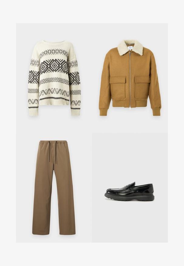 Veste aviateur marron avec col en polaire, deux poches avant, poignets et ourlet côtelés ; dotée d'une fermeture éclair et d'un tissu texturé.; Pull en tricot crème avec des motifs géométriques noirs. Il dispose d'un col rond, de manches tombantes et d'un ourlet et de poignets côtelés.; Pantalon marron à coupe droite avec taille élastique et cordons noirs, présenté sur un fond clair uni.; Mocassin en cuir noir avec une finition brillante, bout arrondi, détails de couture subtils et semelle en caoutchouc épaisse pour la durabilité.