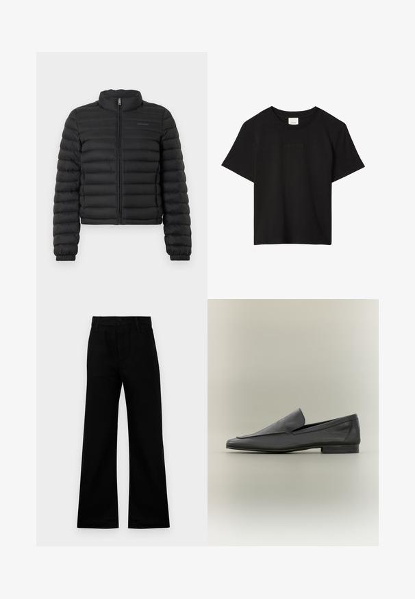 Sort dunjakke med høj krave, lynlås og quiltet design. Har elastiske manchetter og cropped længde. Logo på brystet.; Sort kortærmet T-shirt med rund hals og diskret præget Calvin Klein-logo centreret på brystet.; Sorte bredbenede bukser lavet af glat stof med høj talje, prydet med knaplukning og bæltestropper, der tilbyder en struktureret pasform.; Sorte læder loafers med en glat overflade, spids tå og minimalistisk design. Lav stablet hæl og subtile syninger.