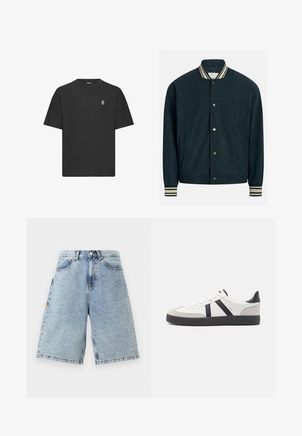 Mørkegrønblå fløjlsjakke med ribbet krave og manchetter, med to forlommer og knaplukning foran.; Sort kortærmet t-shirt i et tekstureret stof, med rund hals og et diskret broderet logo på brystet.; Blå denim shorts med høj talje, løs pasform, fem lommer og synlige sy-detaljer. Glat tekstur med en lys vaskefinish.; Hvide sneakers med sorte og grå detaljer, med en tekstureret grå tåhætte, sort gummisål og flade hvide snørebånd. Rent design, minimalistisk stil.