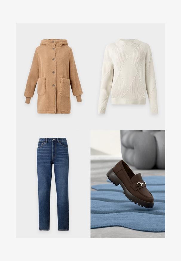 Beige Fleece-Mantel mit Kapuze, vorderer Knopfverschluss, zwei vordere Taschen und gerippten Bündchen. Weiche Textur und gemütliches Design.; Cremfarbener Strickpullover mit strukturiertem Rautenmuster, rundem Halsausschnitt, gerippten Bündchen und Saum. Weiches Material und lockere Passform.; Hochtaillierte blaue Denim-Jeans mit geradem Bein, versehen mit dezenten Tragefalten, einem Knopfverschluss und einem Fünf-Taschen-Design.; Dunkelbrauner Loafer mit dicker, gerippter Sohle und silberner Verzierung auf blauem strukturiertem Teppich mit grauem gepolstertem Möbel im Hintergrund.