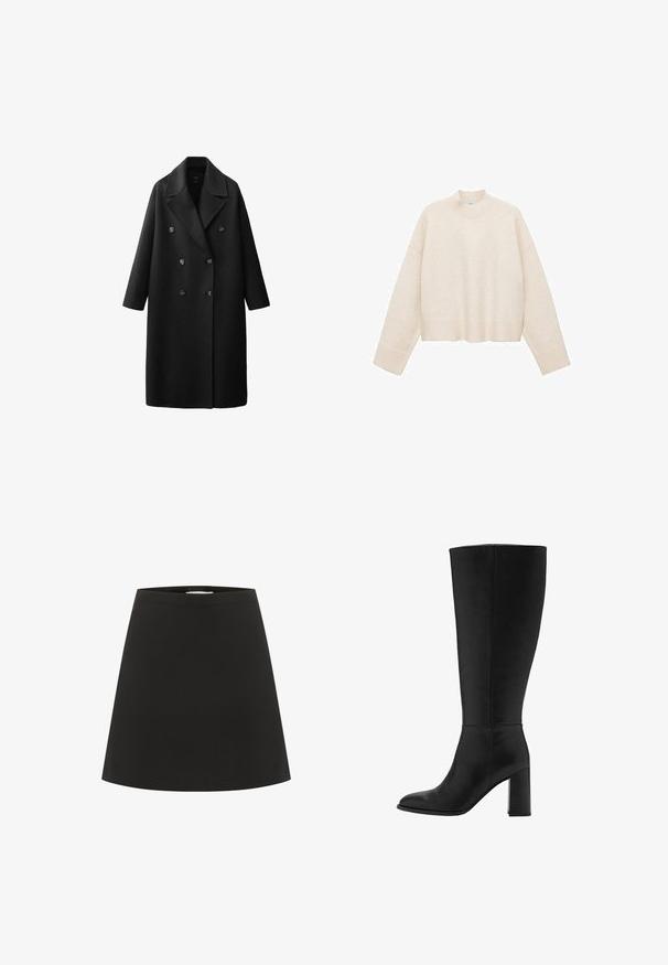 Sort uldfrakke med dobbeltradet design, store slag med hakk, to rækker knapper og trekvartlange ærmer.; Cremefarvet pullover trøje lavet af blødt stof, med høj hals, sænket skuldre og en cropped design med ribbede kanter.; Sort A-line nederdel med glat linning, knælængde, simpelt design uden mønstre eller udsmykning.; Sorte knælange støvler med hæl lavet af glat læder. Har en afrundet tå og chunky blokhæle, med minimal syning.
