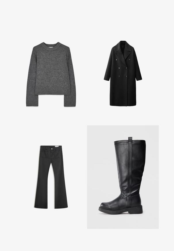 Sort uldfrakke med dobbeltradet design, store slag med hakk, to rækker knapper og trekvartlange ærmer.; Grå strikket sweater med lange ærmer, rund hals, ribbede manchetter og kant. Blød tekstur med et let cropped design.; Sorte flared jeans lavet af denim med en glat tekstur, som har to baglommer og en knaplukning i taljen.; Sorte knæhøje støvler lavet af glat læder med rundet tå, flad sål og en lodret sømdetalje langs siden.