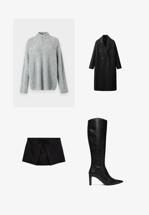 Manteau en laine noire avec un design croisé, grands revers à crans, deux rangées de boutons et manches trois-quarts.; Pull en maille gris clair avec un col haut et une fermeture éclair mi-longue ; possède une coupe décontractée et une texture côtelée sur l'ensemble du tissu.; Mini-jupe noire style enveloppant avec un détail de plis à l'avant et un petit nœud lié à la taille.; Botte noire en cuir montant jusqu'au genou, à bout pointu et talon fin de hauteur moyenne, finition lisse et élégante, sans attaches visibles.