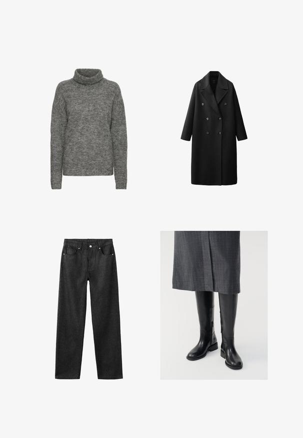 Sort uldfrakke med dobbeltradet design, store slag med hakk, to rækker knapper og trekvartlange ærmer.; Grå turtleneck sweater lavet af blødt strikmateriale, med en afslappet pasform og lange ærmer med en subtil tekstur hele vejen igennem.; Sorte denimbukser med lige ben, der har fem lommer, sølvhardware og en glat tekstur.; Knæhøje sorte læderstøvler med en glat tekstur, lynlåse i siden og en flad sål. Støvlerne har et struktureret skaft og minimalt hardware.