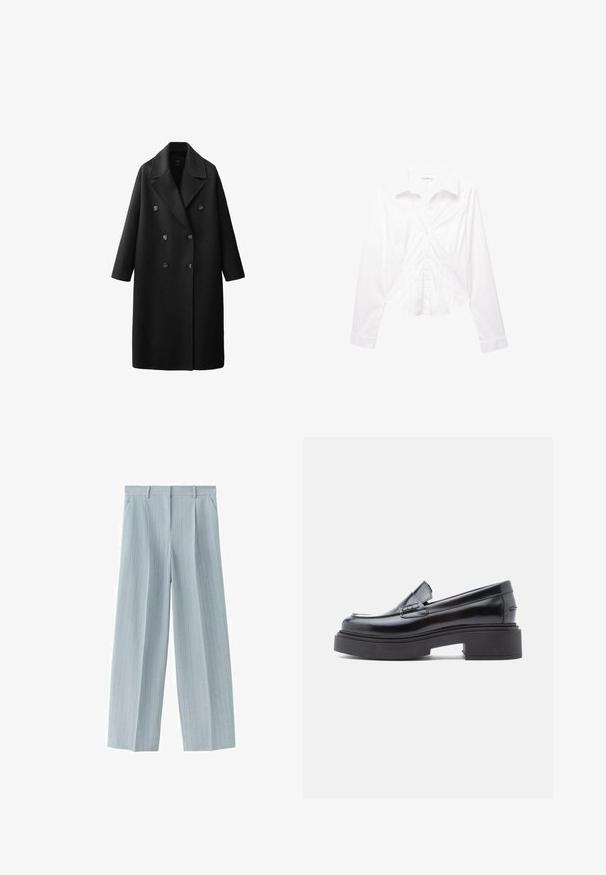 Sort uldfrakke med dobbeltradet design, store slag med hakk, to rækker knapper og trekvartlange ærmer.; Langærmet hvid skjorte med krave, slim fit og manchetter, lagt fladt ud på en hvid baggrund.; Lyseblå, skræddersyede bukser med tynde striber, bæltestropper, sidelommer og lynlås foran.; Sorte læder loafers med rund tå, der har en hævet platformssål og en enkel dekorativ rem over vamps. Glat finish.