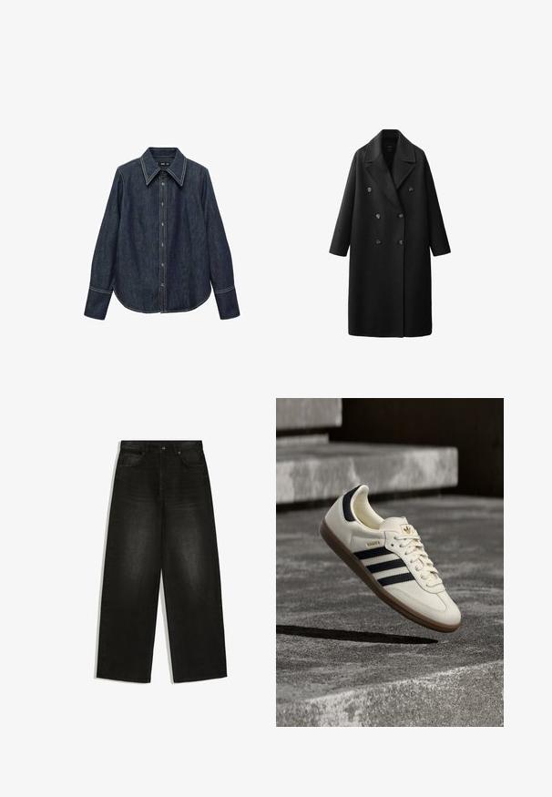 Manteau en laine noire avec un design croisé, grands revers à crans, deux rangées de boutons et manches trois-quarts.; Chemise en denim foncé à boutons avec un col pointu, des manches longues et des coutures blanches visibles. Présente un ourlet arrondi et une coupe classique.; Jean noir à jambes larges avec bouton et fermeture éclair à l'avant, passants de ceinture et design classique à cinq poches.; Baskets blanches Adidas Samba avec des bandes noires et une semelle en gomme, flottant au-dessus de marches en béton gris texturé.