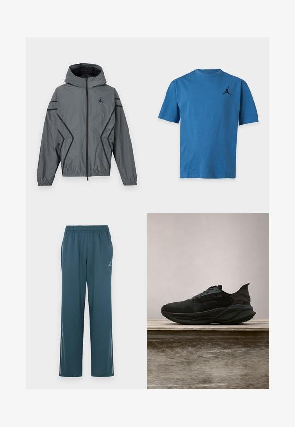 Grijze windjack met capuchon, rits aan de voorkant, zwarte accentlijnen, elastische manchetten, zijzakken en een klein zwart logo op de borst.; Blauw T-shirt met korte mouwen en een ronde hals, met een klein zwart basketbalspeler-logo op de linkerborst bovenaan.; Donkergroene sportbroek met een elastische tailleband, twee zijzakken, witte strepen aan de zijkant en een klein logo op de linker dij.; Zwarte sportieve sneaker met gestructureerde bovenkant en vetersluiting, tentoongesteld boven een houten oppervlak in de open lucht met groen op de achtergrond.