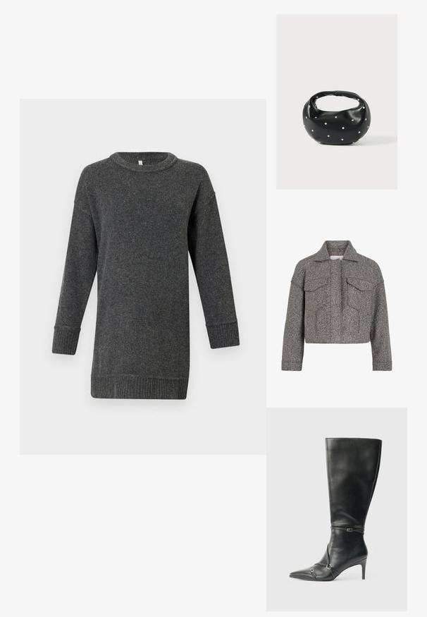 Veste grise courte en laine texturée, dotée d'un col pointu, de deux poches avant et d'une coupe droite.; Pull en laine à manches longues gris foncé, avec des poignets et un ourlet côtelés, un col rond et une coupe décontractée.; Bottes noires en cuir montant jusqu'au genou, avec un talon fin, un bout pointu et des détails de lanière à la cheville. Texture lisse et design ajusté.; Sac à main en cuir noir de forme arrondie, décoré de clous argentés et équipé d'une poignée courte. Texture lisse et fermeture éclair.