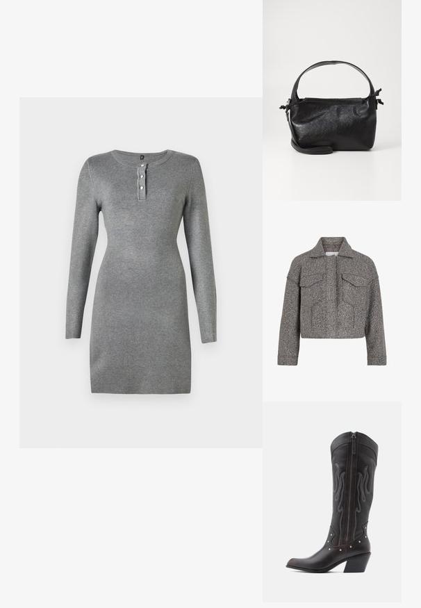 Veste grise courte en laine texturée, dotée d'un col pointu, de deux poches avant et d'une coupe droite.; Robe grise à manches longues avec une forme ajustée, un col rond et une patte de boutonnage à trois boutons. Tissu texturé avec une finition lisse.; Bottes de cowboy en cuir marron avec surpiqûres en forme de flammes, fermeture éclair latérale, clous argentés, bout pointu et talon superposé.; Sac à main en cuir noir au design structuré, avec une poignée arrondie et une bandoulière amovible. Présente une texture lisse et un éclat subtil.