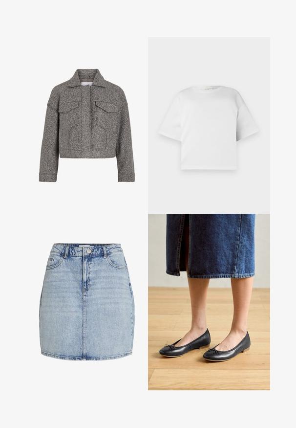 Veste grise courte en laine texturée, dotée d'un col pointu, de deux poches avant et d'une coupe droite.; T-shirt blanc court en coton lisse, avec un col rond et des manches courtes et larges. Design simple et épuré sans motifs visibles.; Jupe mini en denim bleu clair avec fermeture à boutons et à glissière à l'avant, passants de ceinture et poches avant.; Ballerines en cuir noir avec un bout arrondi, un petit nœud décoratif et un petit talon en bois, portées avec une jupe en denim.