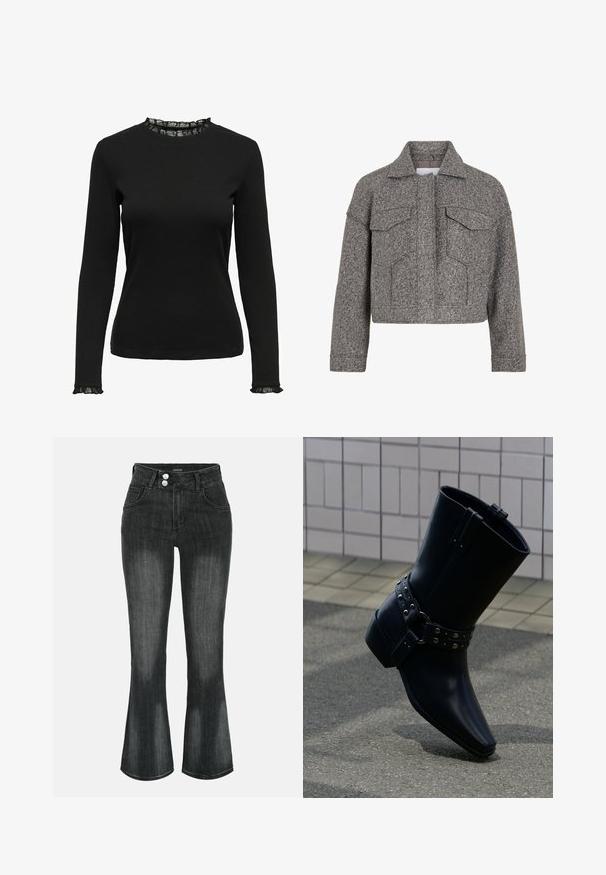 Chaqueta gris corta de lana texturizada, con un collar puntiagudo, dos bolsillos frontales y un diseño de corte recto.; Top negro de manga larga fabricado en tejido acanalado, con un detalle de encaje con volantes en el escote y los puños. Diseño de cuello redondo simple.; Vaqueros negros de denim lavado con cintura alta, cierre de doble botón, bolsillos delanteros y piernas ligeramente acampanadas.; Bota de cuero negro para el tobillo con punta puntiaguda, correa con hebilla decorada con tachuelas plateadas y tacón grueso. Textura suave con diseño minimalista.