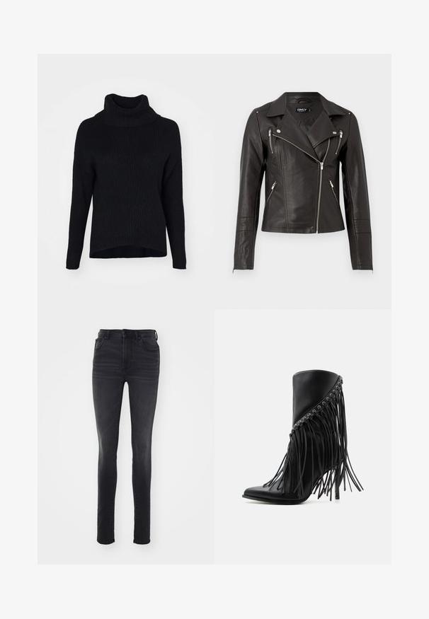 Veste de moto en cuir noir avec un design ajusté, fermeture éclair frontale asymétrique et trois poches zippées. Équipée d'épaulettes.; ONLY ONLKATIA SADDLE ROLL NECK - Pullover - black; Jeans noirs slim-fit en denim, avec une taille haute, un design à cinq poches, un léger délavage et une silhouette droite.; Bottine noire à talon haut avec franges inclinées et œillets métalliques le long du bord supérieur, bout pointu et talon stiletto.