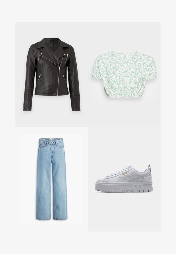 Veste de moto en cuir noir avec un design ajusté, fermeture éclair frontale asymétrique et trois poches zippées. Équipée d'épaulettes.; Top court floral à manches courtes, en tissu léger. Base blanche avec un petit motif floral vert et des détails à la taille froncés.; Jean large taille haute en denim bleu clair avec fermeture à bouton et zip à l'avant, passants de ceinture et cinq poches.; Baskets plateformes blanches avec une tige en cuir lisse, un col rembourré, une semelle en caoutchouc grise et des accents dorés arborant le logo Puma.