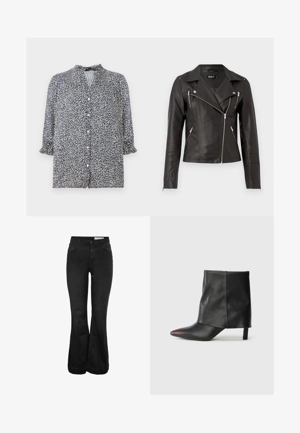 Schwarze Leder-Motorradjacke mit tailliertem Design, asymmetrischem Frontreißverschluss und drei Reißverschlusstaschen. Mit Schulterklappen.; Dunkelblaue Bluse mit Leopardenmuster, Knopfverschluss und 3/4-Ärmeln mit Rüschensaum. Aus leichtem Stoff gefertigt.; Schwarze Jeans mit hohem Bund und Schlag, mit Knopf- und Reißverschluss, vorderen Taschen, Münztasche und Gürtelschlaufen.; Schwarzer Knöchelstiefel aus glattem Leder mit spitzer Zehenpartie und schmalem Absatz. Das Obermaterial zeichnet sich durch ein leicht gerafftes Design aus.