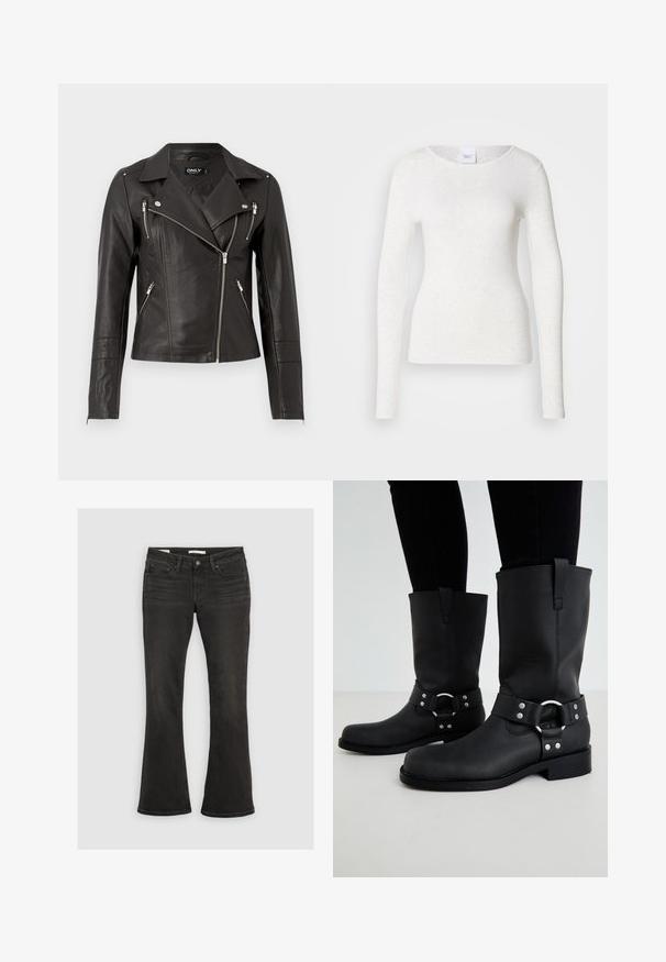 Zwarte leren motorjack met een strakke pasvorm, asymmetrische rits aan de voorkant en drie ritszakken. Voorzien van schouderepauletten.; Wit T-shirt met lange mouwen van een zachte, lichtgewicht stof, met een ronde halslijn en een aansluitende pasvorm, met een subtiele textuur.; Zwarte bootcut jeans met voorzakken, riemlussen en knoopsluiting, plat uitgestald op een lichtgrijze achtergrond.; ONLY SHOES ONLBAX - Cowboy-/Bikerlaarzen - black