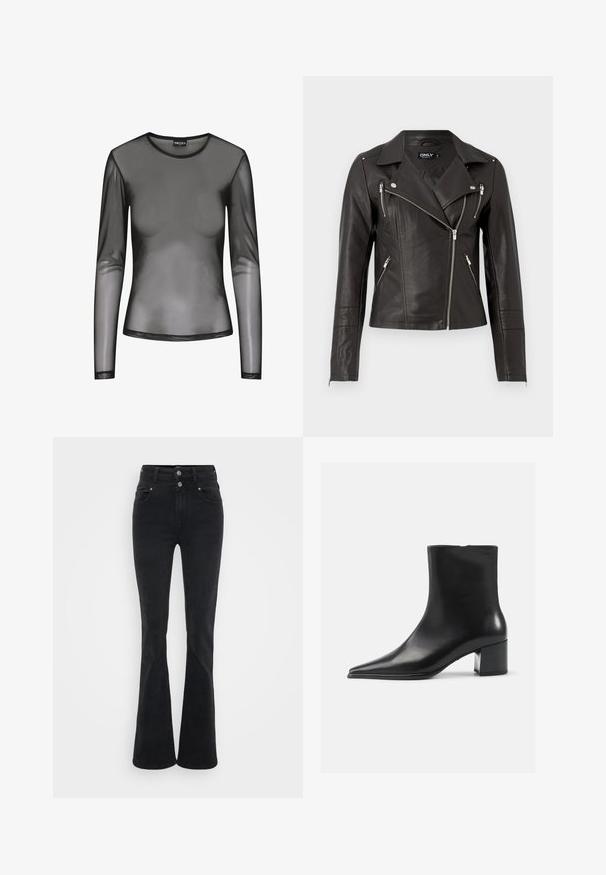 Veste de moto en cuir noir avec un design ajusté, fermeture éclair frontale asymétrique et trois poches zippées. Équipée d'épaulettes.; Haut long noir à manches longues en maille avec un col rond, présentant un tissu transparent et une coupe ajustée. Les bords sont finis avec des surpiqûres noires.; Jean évasé noir en denim, avec une taille haute, deux boutons et des poches avant. Le tissu a une texture lisse avec une légère élasticité.; Bottine en cuir noir avec un bout pointu, texture lisse et un talon bloc moyen. Design minimaliste, fermeture éclair à l'arrière.