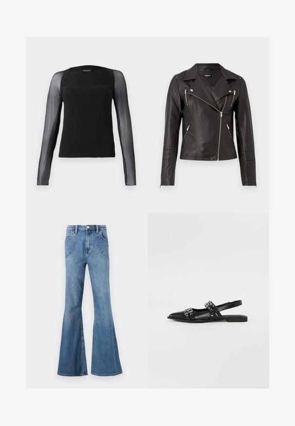 Chaqueta de motocicleta de cuero negro con un diseño ajustado, cremallera frontal asimétrica y tres bolsillos con cremallera. Incluye hombreras en los hombros.; Top negro de manga larga con un cuerpo sólido y mangas de malla negra transparente. Presenta un escote cuadrado y una textura suave.; Jeans de mezclilla azul claro de cintura alta con piernas anchas y acampanadas y bolsillos delanteros curvos, exhibidos sobre un fondo blanco.; Even&Odd by Zalando Bailarinas con tira trasera - black