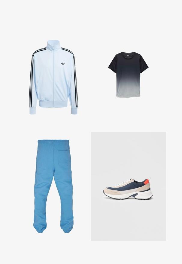 Veste de survêtement à fermeture éclair bleu clair avec les trois bandes noires Adidas sur les manches et le logo trifolio noir sur la poitrine gauche.; T-shirt à manches courtes dégradé du noir au gris, en tissu lisse, avec un col rond et sans logos ni motifs visibles.; Pantalon de survêtement bleu clair en coton doux. Équipé d'une taille élastique, de poignets de jambe fuselés et d'une poche arrière.; Chaussure beige et marine avec des accents gris, dotée d'un dessus texturé, de lacets blancs, d'une semelle rembourrée et d'un onglet de talon rouge.