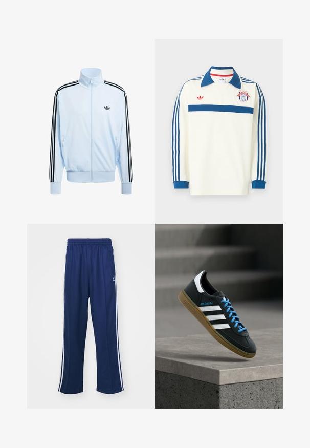 Hellblaues Trainingsjacke mit Reißverschluss und schwarzen Adidas-Drei-Streifen an den Ärmeln sowie schwarzem Trefoil-Logo auf der linken Brust.; Weißes langärmeliges Sporttrikot mit blauem Kragen, blauen Streifen an den Ärmeln, blauem Bruststreifen, rotem Logo und einem Wappenschild mit Sternen auf der Brust.; Marineblaue Sporthosen mit einem lockeren Schnitt, ausgestattet mit weißen seitlichen Streifen und einem elastischen Bund. Glattes Material, keine sichtbaren Muster oder Beschläge.; Schwarzer Adidas-Sneaker mit weißen Streifen, blauen Schnürsenkeln und Gummisohle, der über einer grauen Betontreppe im weichen Licht schwebt.