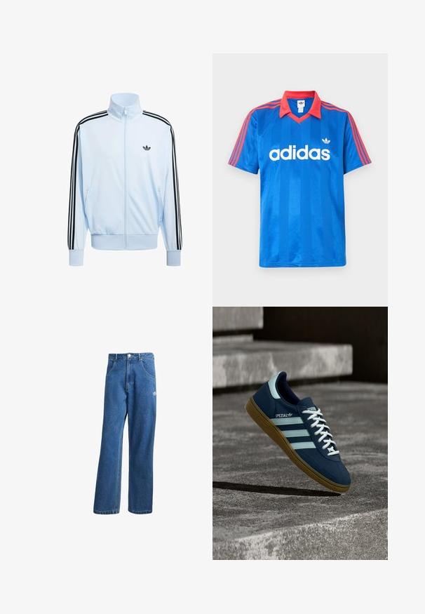 Lichtblauw trainingsjack met ritssluiting, met zwarte Adidas-driedrie strepen op de mouwen en een zwart trefoil-logo op de linkerborst.; Blauw Adidas sportshirt met korte mouwen, rode kraag en strepen op de schouders, met wit Adidas-logo en driebladig embleem op de borst.; Blauwe hoge taille wijde spijkerbroek met voorzakken, riemlussen, knoopsluiting en klein Adidas-logo op de rechterdij.; Blauwe Adidas Spezial sneaker met witte strepen en veters, gumzool, zwevend boven een ruwe betonnen oppervlakte en trappen op de achtergrond.