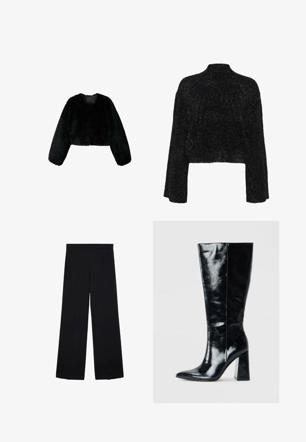 Zwarte faux fur cropped jacket met lange mouwen en een ronde halslijn. Zachte textuur en een effen kleur zonder extra patronen of accenten.; Zwarte, cropped trui met een hoge halslijn en lange mouwen. Gemaakt van een zacht materiaal met een licht glanzende textuur en sprankelende Accenten.; Zwarte wijde broek met een gladde stof, hoge taille en geplooide voorkant, met een schoon, minimalistisch ontwerp zonder patronen of hardware.; Zwarte kniehoge laarzen van glanzend leer, met een puntige neus en een chunky geometrische hak met een zachte textuur.
