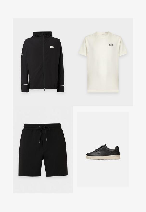 Veste légère noire à fermeture éclair complète avec capuche, poignets élastiques, rayures réfléchissantes sur les manches, et petit logo EA7 Emporio Armani sur la poitrine et la manche.; T-shirt blanc à manches courtes avec col rond, avec petit logo noir "EA7 Emporio Armani" sur la poitrine gauche.; Shorts noirs décontractés avec une ceinture élastique et un cordon de serrage réglable, dotés de poches latérales et d'un ourlet droit.; Baskets basses en cuir noir avec des lacets noirs et une semelle en caoutchouc épaisse de couleur crème, présentées sur un fond blanc.