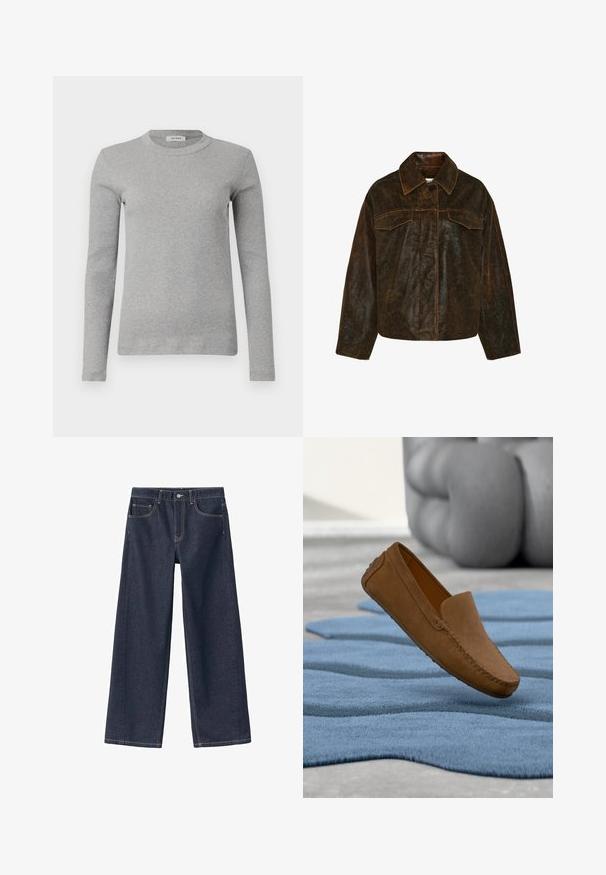 Minimum TYRA - Læderjakker - seal brown; Grå langærmet sweater lavet af ribbede stoffer, med en rund halsudskæring og en tætsiddende silhuet. Simpelt design, ingen synlige mønstre eller accenter.; Mørkeblå denim bukser med vid ben, høj talje, synlige syninger, to forlommer og en knaplukning i taljen.; Brun ruskind loafer flydende over et tekstureret blåt tæppe med en grå knappet stol i baggrunden.