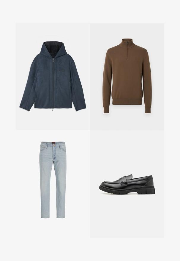 Mørkeblå hættejakke lavet af blødt, suede-lignende materiale, der har en lynlås foran, sidelommer og en blød inderside.; Brun strikket sweater med høj krave og en halv lynlås. Har ribbede manchetter og kant, lavet af et tekstureret stof.; Lysblå denim jeans med lige snit, fem-lommet design, knaplukning og let slidt tekstur.; Sort læder loafersko med en bred rem over forfoden, gummisål med tykke mønstre og glat overflade. Klassisk, slankt design.