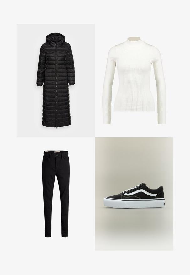 Schwarzer langer Puffer-Mantel mit Kapuze, ausgestattet mit einem gesteppte Design, einem Reißverschluss vorne und elastischen Bündchen. Sanfte Textur und leichtes Material.; Gestreiftes, weißes Langarm-Turtleneck-Oberteil mit tailliertem Design und glatter Textur, das einen hohen Kragen und eine schmale Silhouette aufweist.; Schwarze hochgeschnittene Skinny-Jeans mit vorderem Knopf und Taschen, auf einem weißen Hintergrund präsentiert.; Niedriger schwarzer Sneaker mit weißem Seitenstreifen, weißen Schnürsenkeln, weißer Gummisohle und strukturierter Zehenkappe auf neutralem Hintergrund.