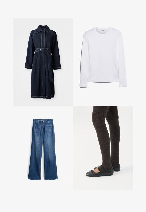 Donkerblauwe denimjas met een kraag, lange mouwen en een riem in de taille. Beschikt over contrasterende witte stiksels en zijzakken.; Wit T-shirt met lange mouwen, gemaakt van ribgebreide katoen, met een ronde halslijn en een rechte zoom. Eenvoudig ontwerp zonder patronen of accenten.; Wijde blauwe denim jeans met een middelhoog taille, twee achterzakken en subtiele stikdetails, gemaakt van een stevige katoenmix.; Benen met donkere geribbelde leggings gecombineerd met zwarte ballerina's met kleine strikdetails op een witte achtergrond.