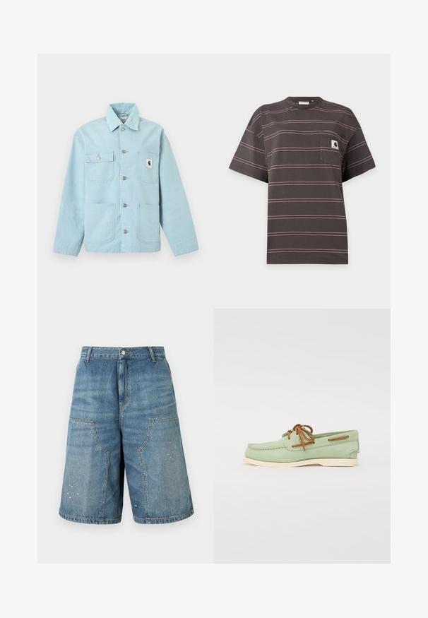 Veste boutonnée bleu clair avec quatre poches avant, boutons argentés, col et petit patch logo blanc sur la poche supérieure droite.; T-shirt gris foncé à manches courtes avec de fines rayures horizontales roses et une petite poche sur la poitrine gauche avec un patch logo noir et blanc.; Short en denim bleu longueur genou avec grandes poches avant et petites éclaboussures de peinture blanche, fermeture par bouton et fermeture éclair à la taille.; Bateau en cuir vert avec semelle en caoutchouc beige, design à lacets et couture décorative. Présente des accents en cuir sur les œillets.