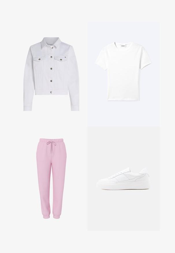 Witte spijkerjas met lange mouwen, metalen knoopsluitingen, twee voorste borstzakken met knoopflappen en een kraag.; Effen wit T-shirt met korte mouwen en ronde hals met een klein "WEEKDAY" label aan de binnenkant van de hals, plat neergelegd op een lichte achtergrond.; Lichtroze joggingsbroek met elastische tailleband, trekkoord, zijzakken en elastische boorden, afgebeeld op een witte achtergrond.; Witte lage sneaker met dikke zool, veterontwerp en subtiele stikselaccenten op een effen lichte achtergrond.