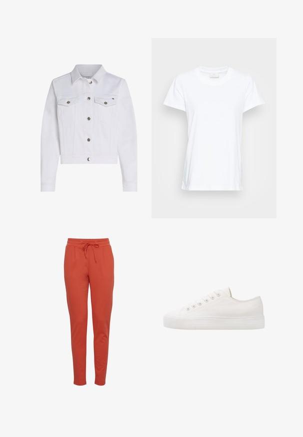 Chaqueta de denim blanca con mangas largas, cierres con botones de metal, dos bolsillos frontales en el pecho con solapas abotonadas y un cuello.; Camiseta blanca de manga corta hecha de algodón suave. Presenta un escote redondo y un corte ligeramente holgado con aberturas laterales para mayor comodidad.; Pantalones de chándal cónicos color naranja óxido con cintura elástica y cordón frontal, con bolsillos laterales y tejido suave.; Zapatilla de lona blanca con punta redonda, seis ojales para los cordones, suela de goma texturizada y detalles de costura sutil a lo largo de los lados.