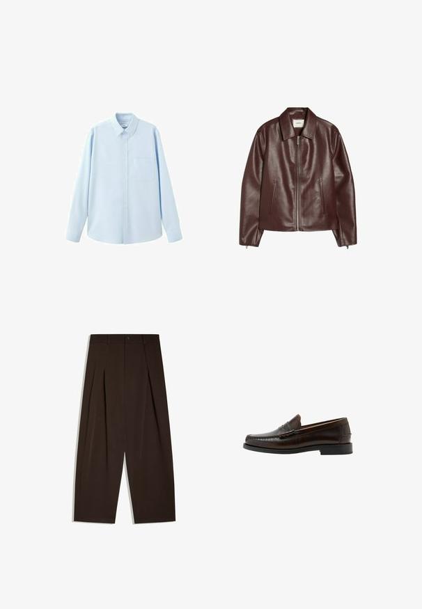 Veste en cuir marron foncé avec fermeture éclair à l'avant, deux poches latérales, manches longues et col classique.; Chemise bleu clair à manches longues avec boutons, col pointu et poche poitrine, présentée sur fond blanc.; Pantalon large marron foncé taille haute avec plis devant, passants pour ceinture, fermeture par bouton et ourlets nets.; Mocassin penny en cuir marron foncé avec bout moc cousu, talon bas et finition lisse, présenté de profil sur fond blanc.