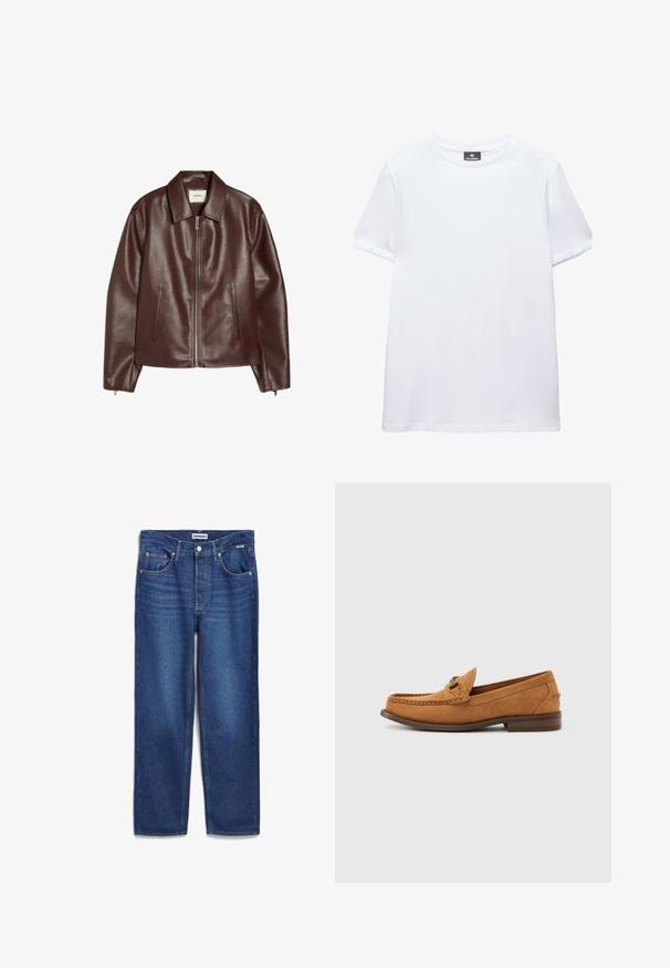 Dunkelbraune Lederjacke mit Frontreißverschluss, zwei Seitentaschen, langen Ärmeln und klassischem Kragen.; Einfaches weißes T-Shirt mit kurzen Ärmeln und Rundhalsausschnitt mit einem schwarzen Pull&Bear-Etikett innen am Kragen, abgebildet auf weißem Hintergrund.; Denim-Jeans in Dunkelblau, gerades Bein Design mit mittelhohem Bund, fünf Taschen und subtiler Ausbleichung an der Vorderseite.; Hellbrauner Wildleder-Herrenschlupfschuh mit Metallbeschlag und genähter Mokassinnaht, seitlich auf weißem Hintergrund dargestellt.