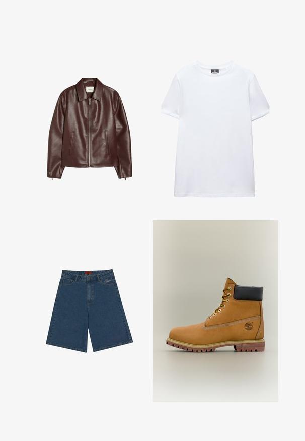 Donkerbruine leren jas met een ritssluiting aan de voorkant, twee zijzakken, lange mouwen en een klassieke kraag.; Effen wit T-shirt met korte mouwen en een ronde hals met een zwart Pull&Bear-label aan de binnenkant van de kraag, afgebeeld op een witte achtergrond.; Donkerblauwe denim shorts met een middelhoge taille, drukknoopsluiting, zakken aan de voorkant en geborduurd logo aan de linkerkant.; Bruine leren enkellaars met zwarte kraag, gele veters en een zandkleurige zool. Voorzien van een logo en witte stikseldetails. Robuuste loopzool met grip.