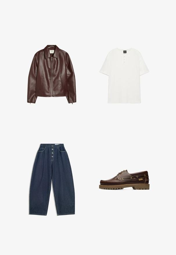 Donkerbruine leren jas met een ritssluiting aan de voorkant, twee zijzakken, lange mouwen en een klassieke kraag.; Witte Henley-t-shirt met korte mouwen, ronde hals en vier witte knopen op de voorplooikant.; Donkerblauwe denim brede broek met een hoge taille, vijfknopen sluiting en vijf zakken. Heeft stiksels op de naden.; Bruine leren veterschoen voor op een boot met gestikte details en een dikke rubberen zool, gezien vanaf de zijkant.