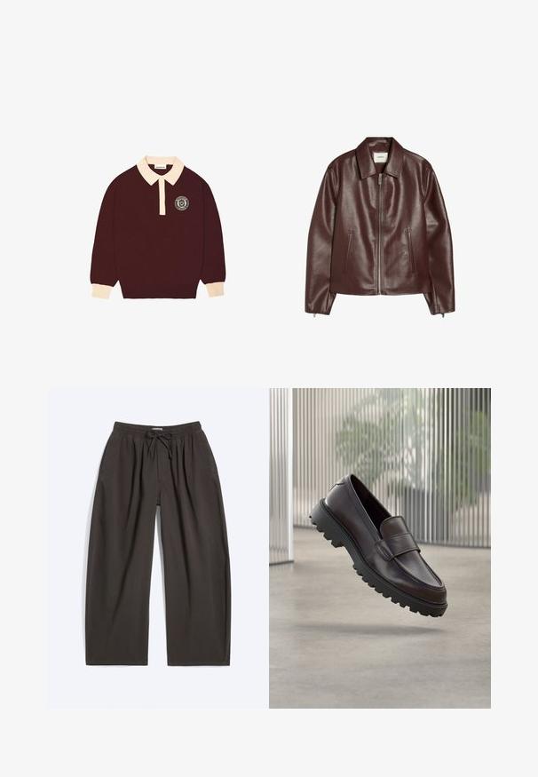 Donkerbruine leren jas met een ritssluiting aan de voorkant, twee zijzakken, lange mouwen en een klassieke kraag.; Bordeaux lange mouwen polo shirt met een crèmekleurige kraag en manchet, knoopsluiting en een cirkelvormig "Prohibited Berlin" logo op de linkerkant van de borst.; Donkerbruine losse broek met elastische tailleband en koord, voorzakken en rechte wijde pijpen plat gelegd op een witte achtergrond.; Bruine leren instapschoen met een afgeronde neus en een stevige zwarte rubberen zool. Voorzien van een decoratief bandje over de wreef.