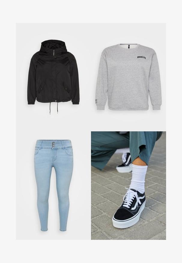 Chaqueta negra con capucha, cremallera frontal, solapa con botones a presión, dos bolsillos delanteros con botones de presión, puños elásticos y dobladillo ajustable con cordón.; Sudadera gris con mangas largas, cuello redondo y "BROOKLYN" bordado en el pecho. Los puños y el dobladillo acanalados ofrecen estructura.; Jeans ajustados de color azul claro hechos de denim. Cuentan con un cierre de tres botones, dos bolsillos frontales y una textura suave.; Zapatillas de ante negro con acentos y cordones blancos, que cuentan con una gruesa suela blanca y costuras en contraste, combinadas con un calcetín blanco.