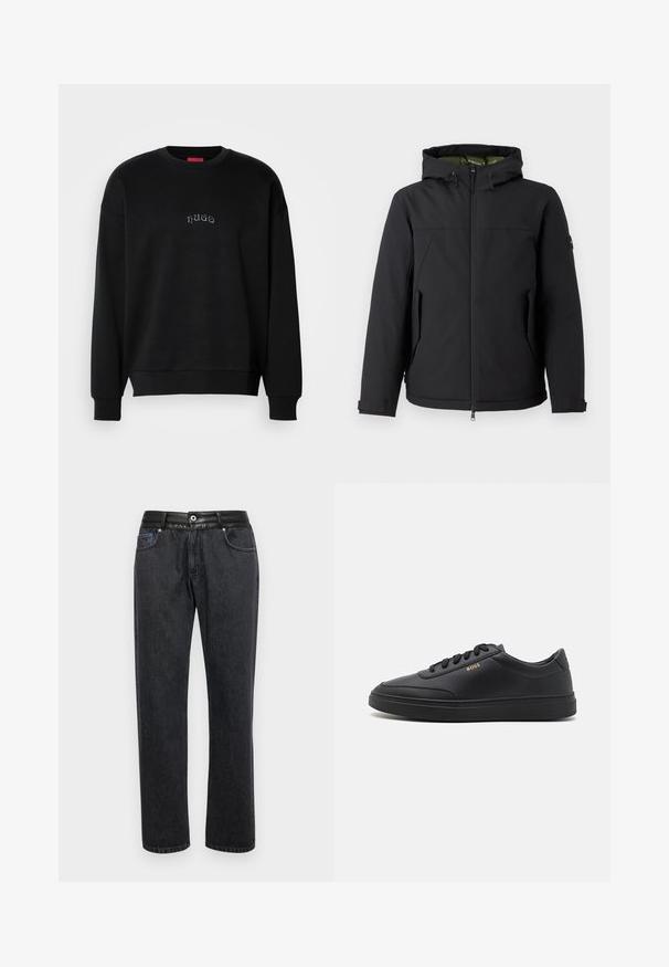 Schwarze isolierte Jacke mit Kapuze, Reißverschluss und Seitentaschen. Verfügt über ein glattes äußeres Material und ein kontrastierendes Innenfutter.; Schwarzes Langarmcrewneck-Sweatshirt mit kleinem, zentriertem "hugo"-Text in Hellblau auf der Brust, mit gerippten Bündchen und Saum.; Schwarze Jeans aus Denim mit geradem Schnitt, ausgestattet mit einem glatten Lederbund, Vorderaschen und dezenten Steppnähten.; Schwarze Leder-Sneaker mit glatter Textur, runder Zehenpartie, flacher Gummisohle und einfarbigen Schnürsenkeln. Mit goldfarbenem "BOSS" Logo an der Seite.