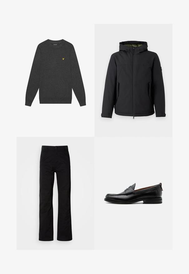 Chaqueta acolchada negra con capucha, cierre mediante cremallera y bolsillos laterales. Presenta un material exterior suave y un forro interior en contraste.; Suéter de cuello redondo en gris oscuro, hecho de una tela suave. Presenta un pequeño logotipo amarillo bordado en el pecho. Mangas largas con puños acanalados.; Pantalones de algodón negros con un diseño de pierna recta, que cuentan con un cierre de botón y lazos para cinturón. Textura suave y estilo minimalista sin patrones visibles.; Mocasín de hombre de piel negra con costura moc toe, tira penny, cuello texturizado y tacón bajo apilado sobre fondo blanco.
