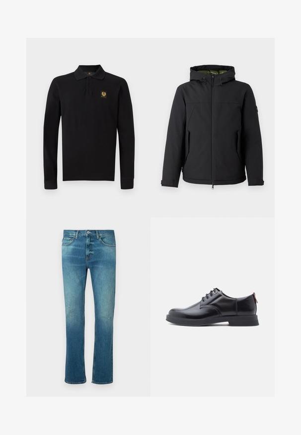 Schwarze isolierte Jacke mit Kapuze, Reißverschluss und Seitentaschen. Verfügt über ein glattes äußeres Material und ein kontrastierendes Innenfutter.; Schwarzes, langärmliges Polohemd aus Baumwolle. Verfügt über einen klassischen Kragen, eine Drei-Knopf-Leiste und ein goldenes Emblem auf der linken Brust.; Blaue Jeans aus Denim mit geradem Schnitt, ausgestattet mit einem leichten Verwaschungseffekt, leichten Abnutzungen an den Knien und klassischem Fünf-Taschen-Design.; Schwarze Leder-Schnürschuhe mit glatter Textur, rundem Zehenbereich und dezenten Ziernähten. Mit einem roten Laschenband an der Ferse.