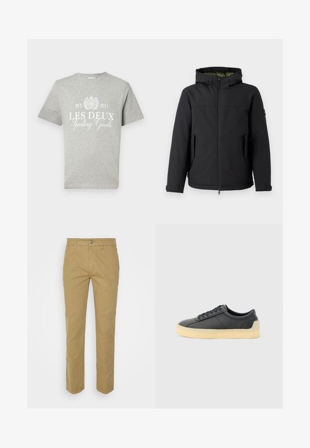 Schwarze isolierte Jacke mit Kapuze, Reißverschluss und Seitentaschen. Verfügt über ein glattes äußeres Material und ein kontrastierendes Innenfutter.; Grajene Kurzarm-T-Shirt aus Baumwolle mit weißem Drucktext "LES DEUX Sporting Goods" und einem darüber befindlichen runden Logo sowie dem Gründungsjahr.; Beige Hosen aus Baumwolle mit geradem Bein. Verfügt über einen Reißverschluss vorne, eine Knopfleiste und fünf Taschen, einschließlich Gesäßtaschen.; Schwarzer Low-Top-Ledersneaker mit abgerundeter Spitze, schwarzen Schnürsenkeln und dicker, cremeweißer Gummisohle, seitlich auf hellem grauen Hintergrund dargestellt.