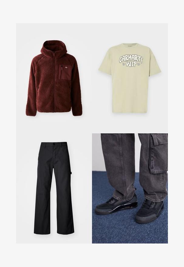 Burgunderfarbene Fleecejacke mit Reißverschluss vorne, Kapuze, seitlichen Taschen und Brusttasche. Strukturierter, weicher Stoff mit einem leicht übergroßen Schnitt.; Hellgrünes Baumwoll-T-Shirt mit oversized Passform, das vorne einen schwarzen Wolken-ähnlichen Aufdruck mit der Aufschrift "Carhartt WIP 1989" zeigt. Kurze Ärmel, Rundhalsausschnitt.; Schwarze, weite Hosen aus robustem Stoff. Verfügt über einen Knopfverschluss und Seitentaschen. Glatte Textur mit einem schlichten Design.; Schwarze Sportschuhe mit einer strukturierten Oberfläche, glatten Akzenten und einer chunky Sohle, kombiniert mit dunklen, lässig sitzenden Cargo-Hosen.