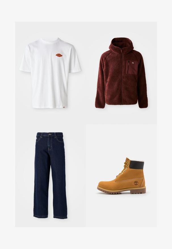 Bordeaux fleecejakke med lynlås foran, hætte, sidelommer og brystlomme. Tekstureret, blødt materiale med en let oversized pasform.; Hvid bomulds t-shirt med korte ærmer, der har et lille orange og sort "Dickies" logo på venstre brystområde.; Mørkeblå brede jeans lavet af denim med lige snit, fem-lomme design og afsluttende sting langs kanten.; Brune læder ankelstøvle med metaløjer, hvid pelsforing, sort polstret krave, robust sål og præget logo på siden.