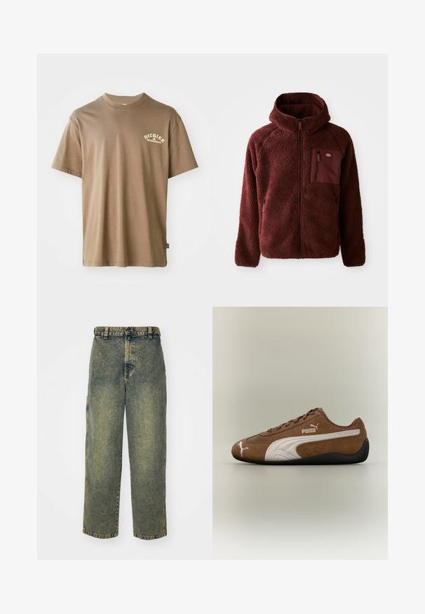 Burgunderfarbene Fleecejacke mit Reißverschluss vorne, Kapuze, seitlichen Taschen und Brusttasche. Strukturierter, weicher Stoff mit einem leicht übergroßen Schnitt.; Braunes Baumwoll-T-Shirt mit Rundhalsausschnitt, kurzem Arm und einem weißen Logo mit der Aufschrift "Dickies Workwear" auf der linken Brustseite.; Baggy-Jeans aus Denim in einer verblassten Blauen und Grünen Waschung. Mit Knopfverschluss, Gürtelschlaufen und Seitentaschen. Flaches Vorderteil und gerades Bein-Design.; Brauner Wildleder-Sneaker mit weißen Akzenten und strukturiertem Design. Mit einer schwarzen Gummisohle und einem auffälligen Puma-Logo an der Seite.
