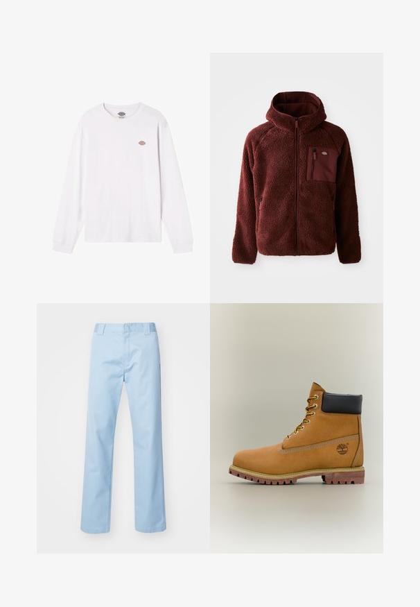Bordeaux fleece jack met rits aan de voorkant, een capuchon, zijzakken en een borstzak. Getextureerd, zacht materiaal met een licht oversized pasvorm.; Witte lange mouwen T-shirt van katoen. Bevat een klein rond meervleugelig logo op de borst. Eenvoudig ontwerp met ribgebreide manchetten.; Lichtblauwe rechte broek van een katoenmix. Met een platte tailleband, zijzakken en zonder zichtbare patronen of versieringen.; Bruine leren enkellaars met zwarte kraag, gele veters en een zandkleurige zool. Voorzien van een logo en witte stikseldetails. Robuuste loopzool met grip.